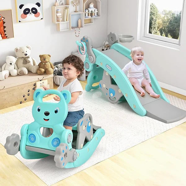 ™Funza | מגלשת פעוטות 5 ב-1 עם רוקר, סל כדורסל, חדר כושר לטיפוס וטרס רינג, כיף פנימי/חיצוני